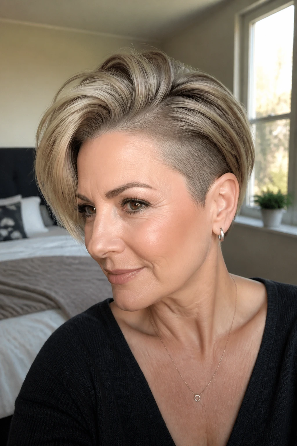 Close-up of a real woman with a deep side-part faux-hawk in warm light.