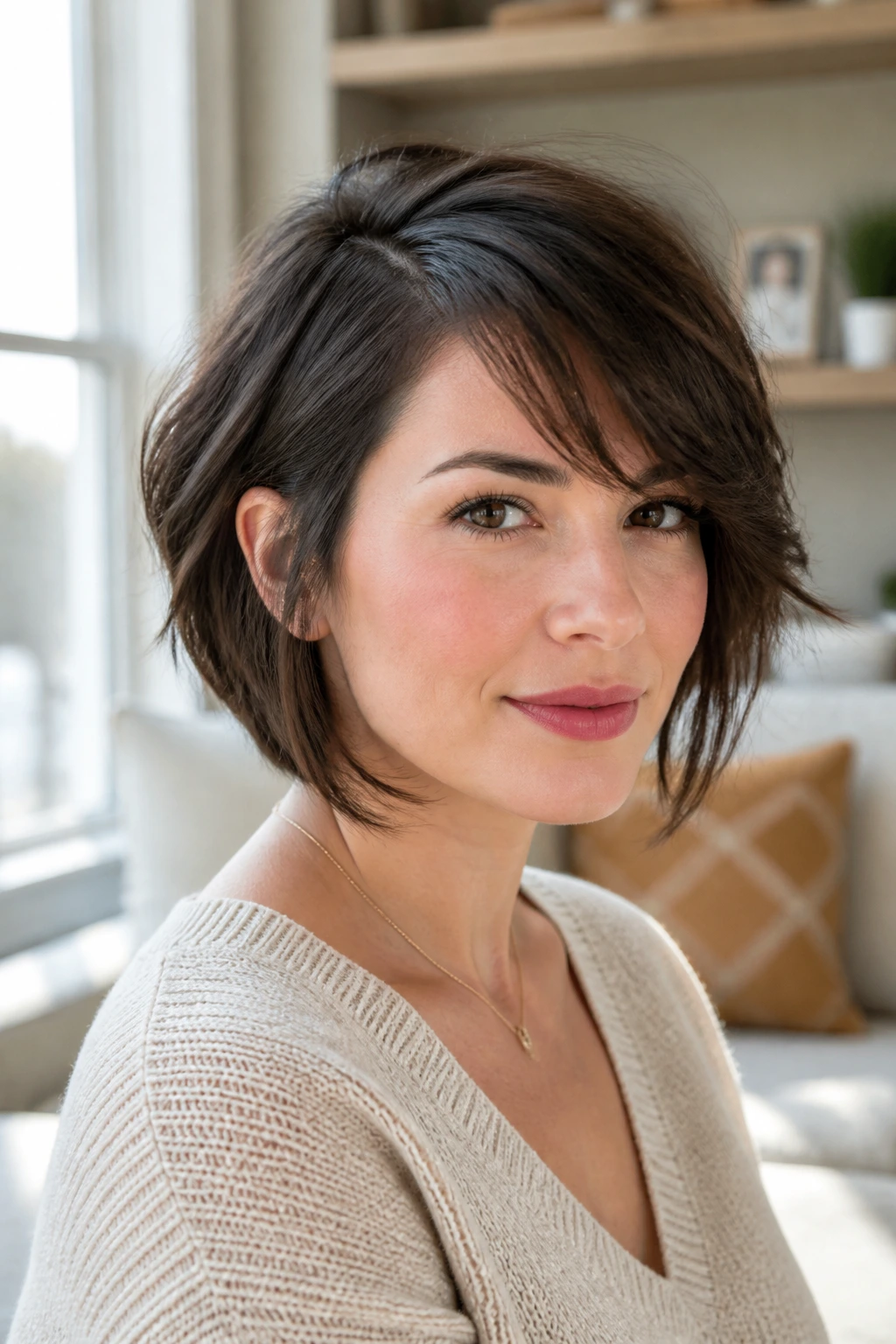 Close-up of a real woman with deep side part and piecey fringe framing her cheeks