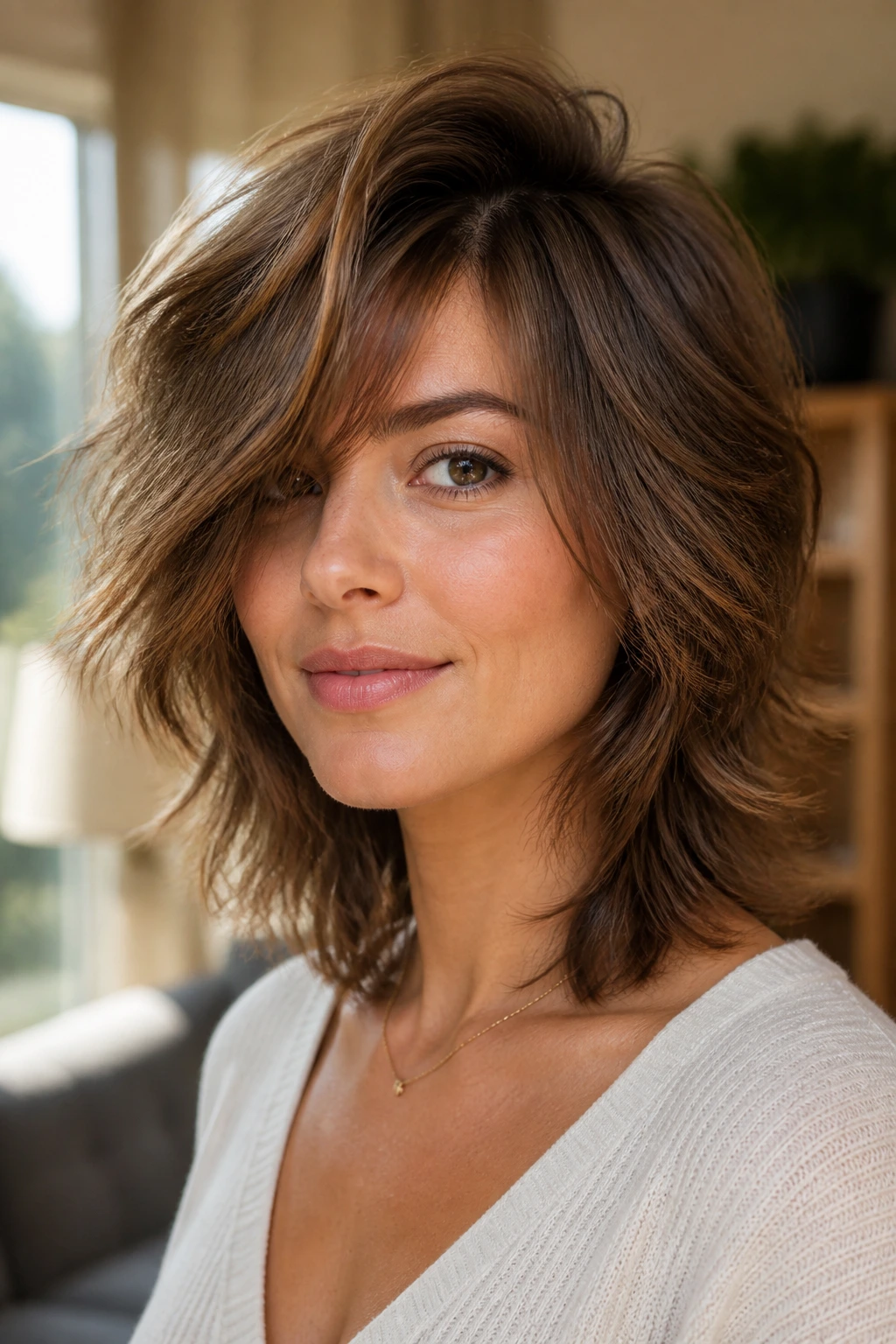 Close-up of a real woman with a deep side part and piecey shag in warm window light