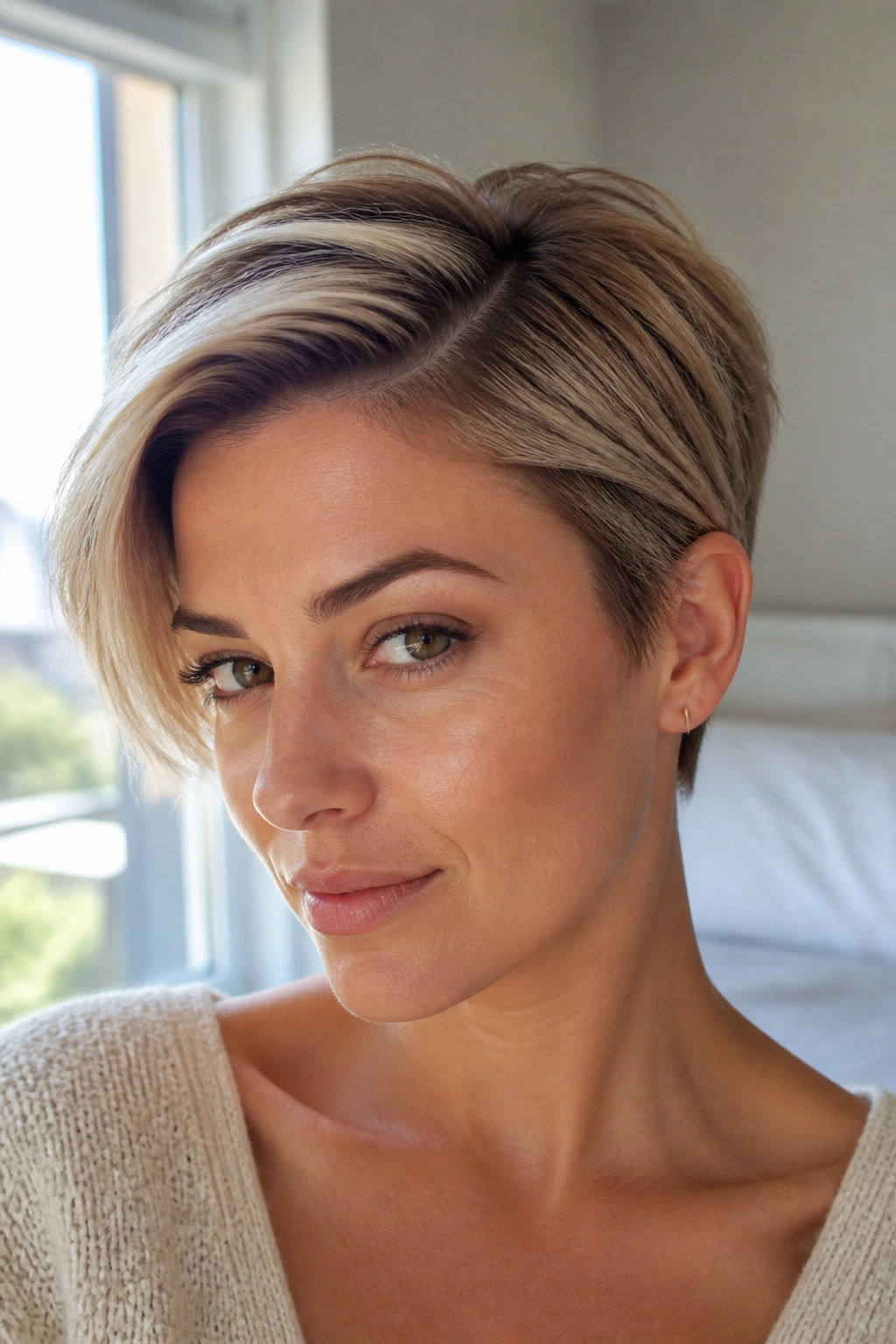 Close-up of a real woman with a deep side-part pixie and lifted roots
