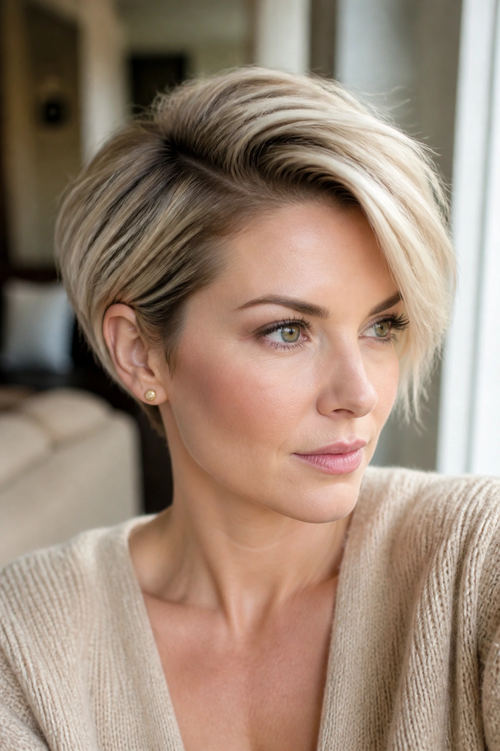Portrait of a woman with deep side-part blonde pixie showing lift and asymmetry.