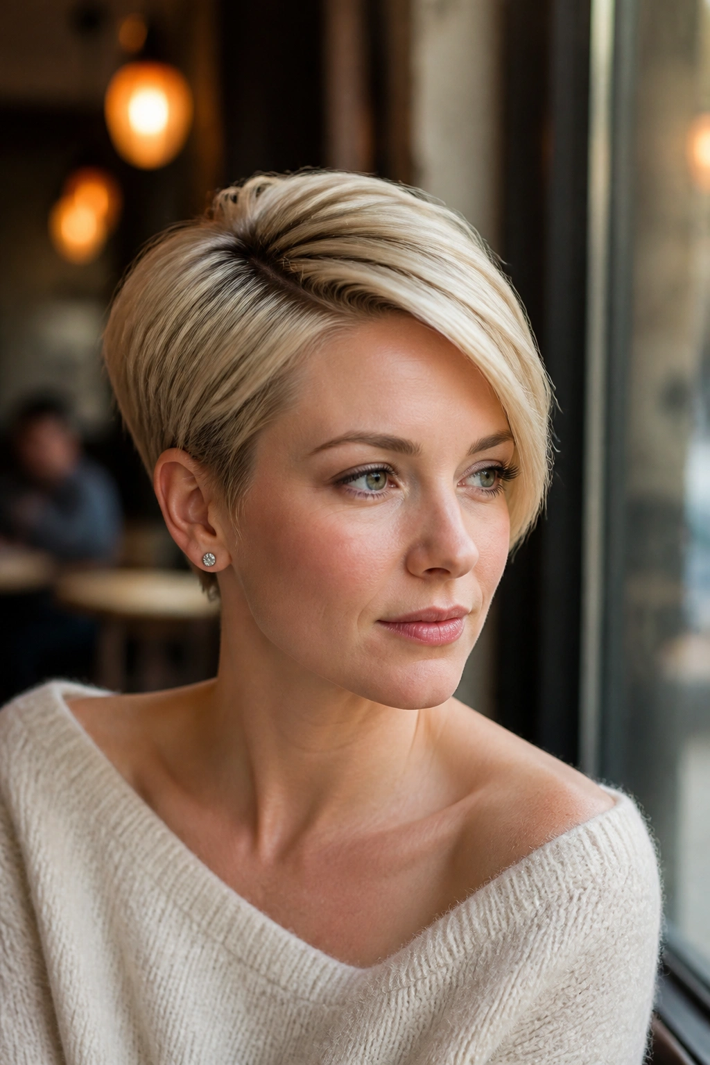 Portrait of a real woman with deep side-part blonde pixie.
