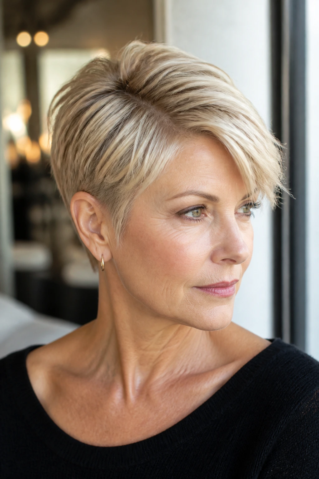 Close-up of a real woman with a deep side-part blonde pixie