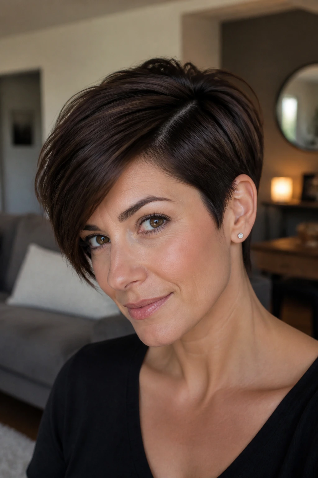 Close-up portrait of a real woman with Deep Side-Part Pixie on brunette hair with pronounced part