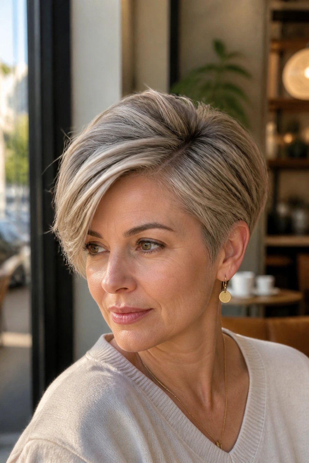 Close-up of a real woman with a deep side part in feathered pixie hairstyle