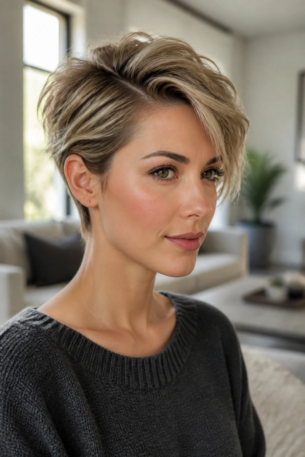 Portrait of a woman with a deep side part pixie cut showing lift at the roots