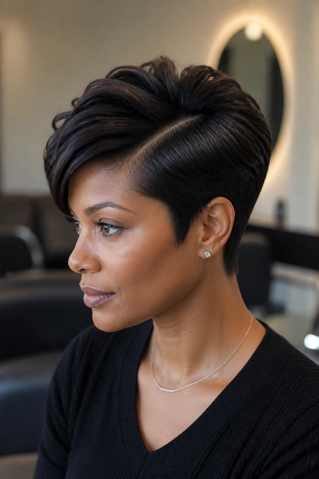Close-up of a real person with deep side part and lifted crown pixie