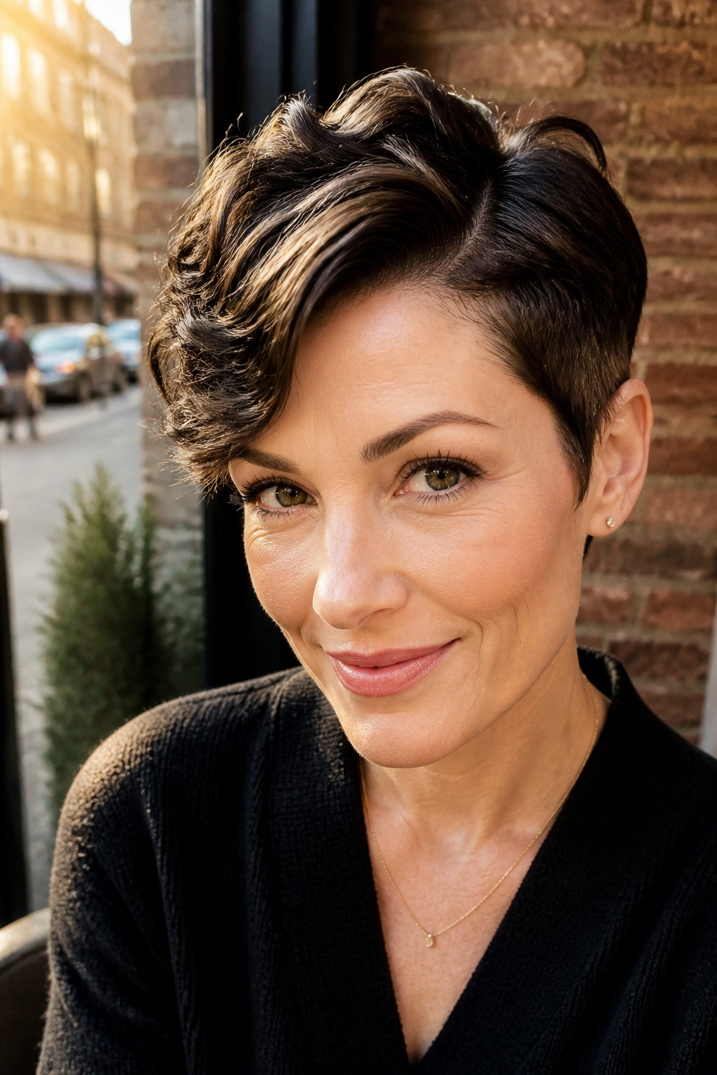 Close-up portrait of a real woman with deep side part pixie showing density focus