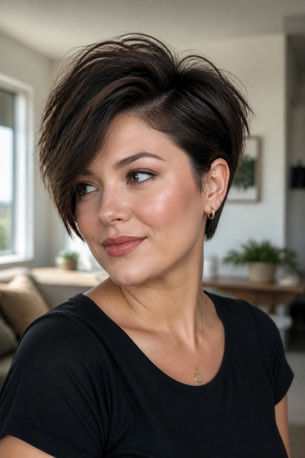 Close-up of a real woman with a deep side-part shaggy pixie for a round face.
