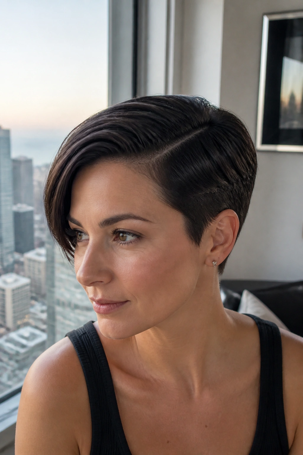Close-up portrait of a real woman with a deep side-part sleek pixie and glossy shine