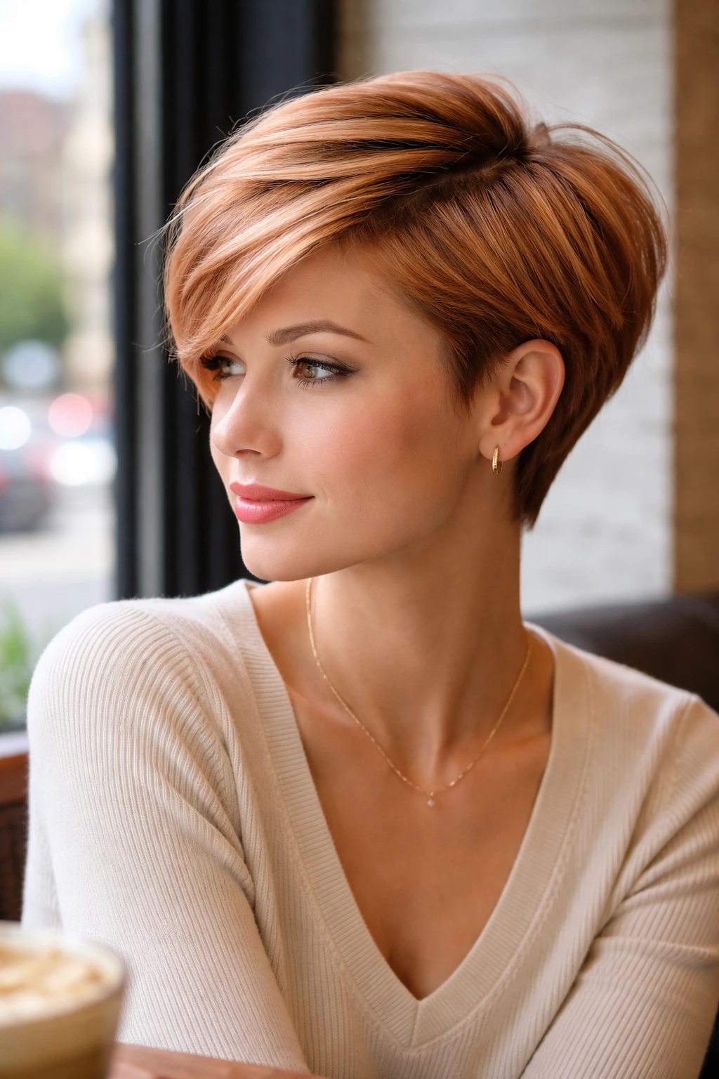 Real woman with deep side part strawberry pixie in cafe daylight