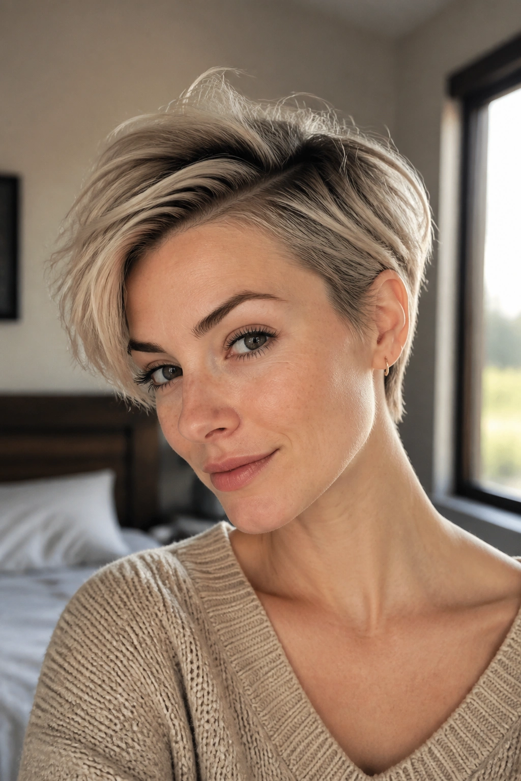 Close-up of a real woman with a deep side-part tousled pixie
