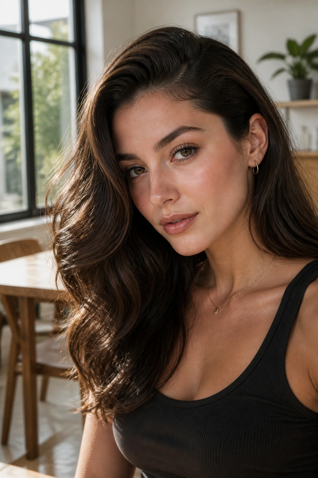 Real woman with deep side part and polished waves in sunlit room