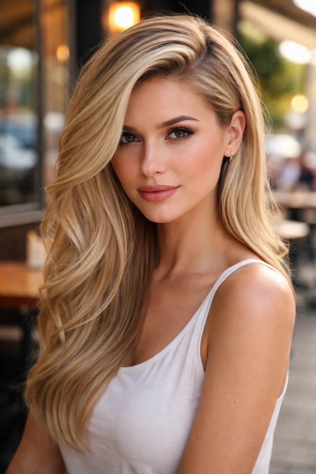 Portrait of a real woman with a deep side part showing crown volume