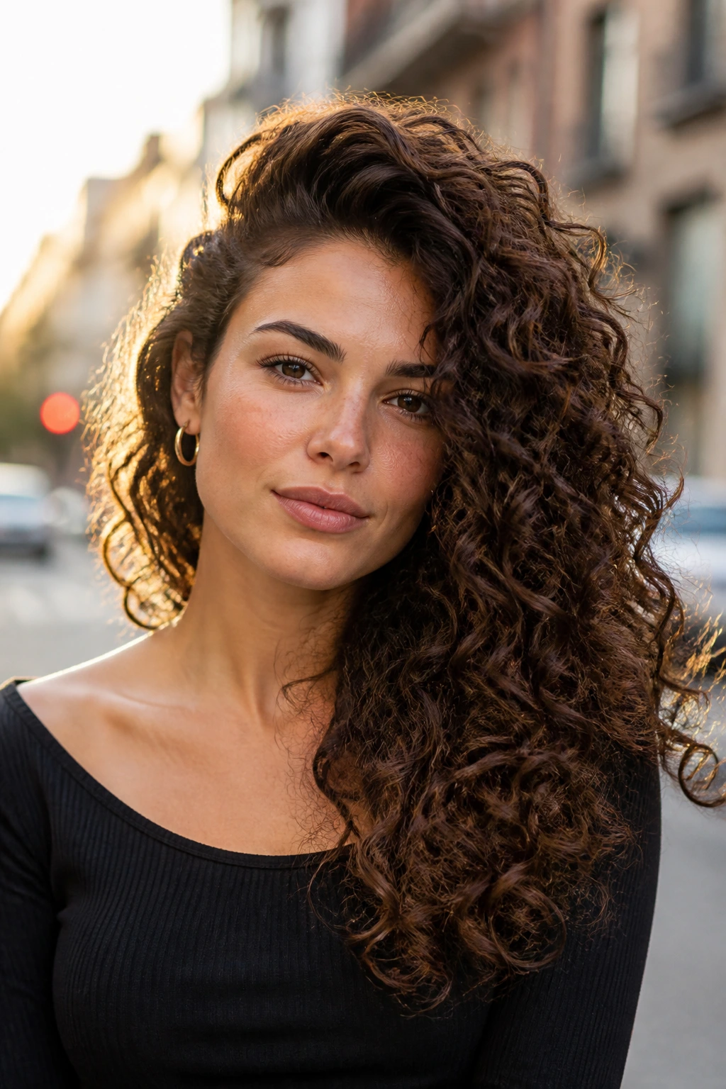Close-up portrait of real person with deep side-part and root lift on curly hair