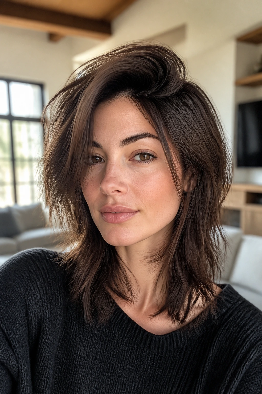 Deep side-part root-lift shag on a real brunette; close-up portrait highlighting root lift at the crown.