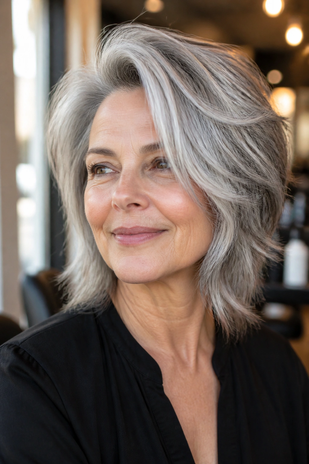 Portrait of a real woman with a deep side-part shag and root volume in gray