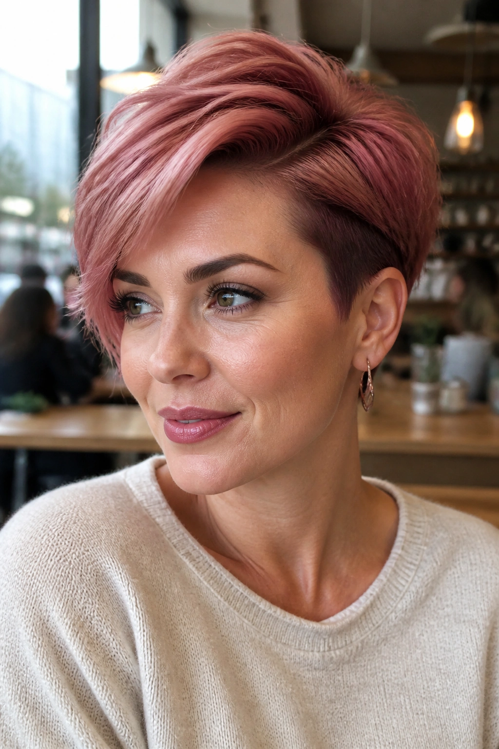 Real woman with deep side-part rose pixie in a cafe setting