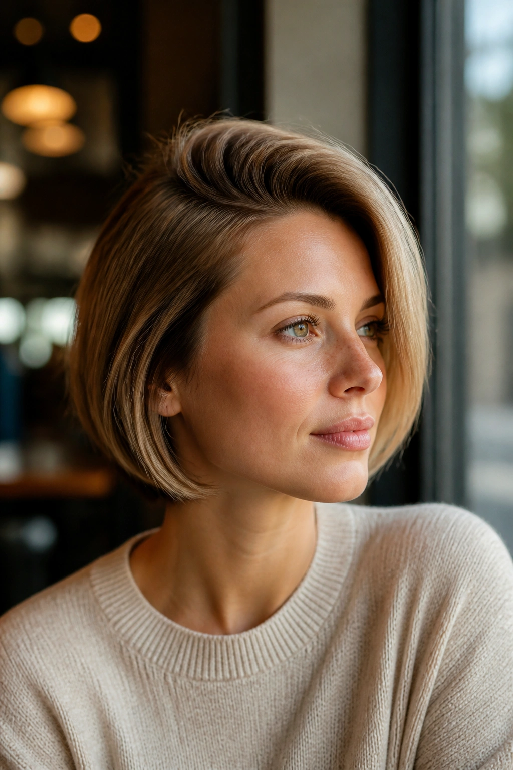 Close-up of a real woman with a deep side-part rounded bob.