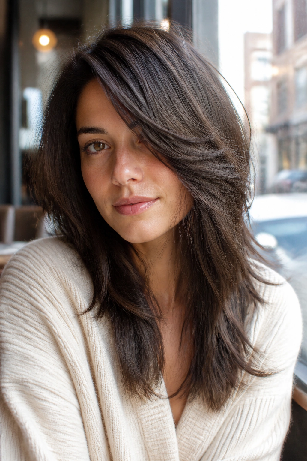 Close-up portrait of woman with deep side-part shag and long front pieces at collarbone