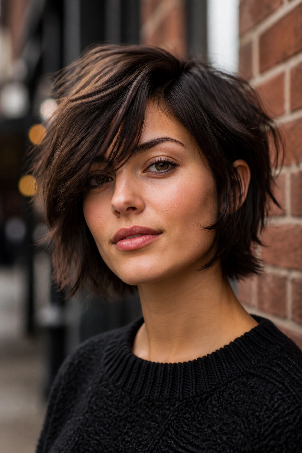 Close-up portrait of a real woman with a deep side-part shag and swept fringe.