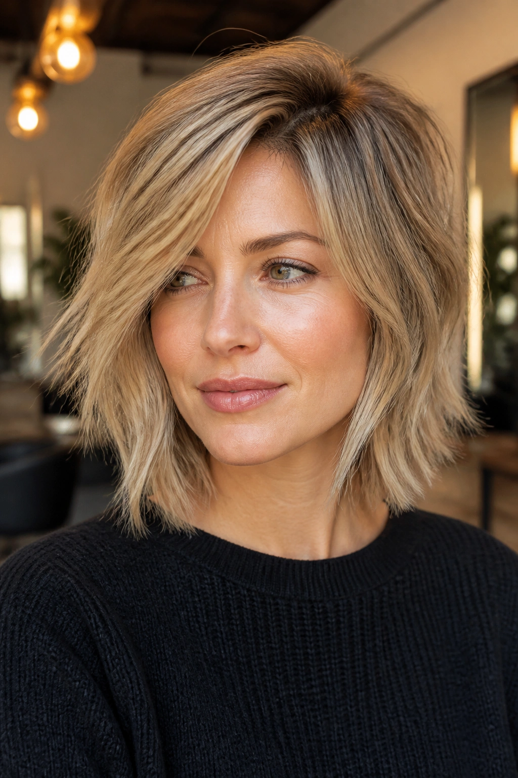 Portrait of a real woman with a deep side part and textured shag for fine hair