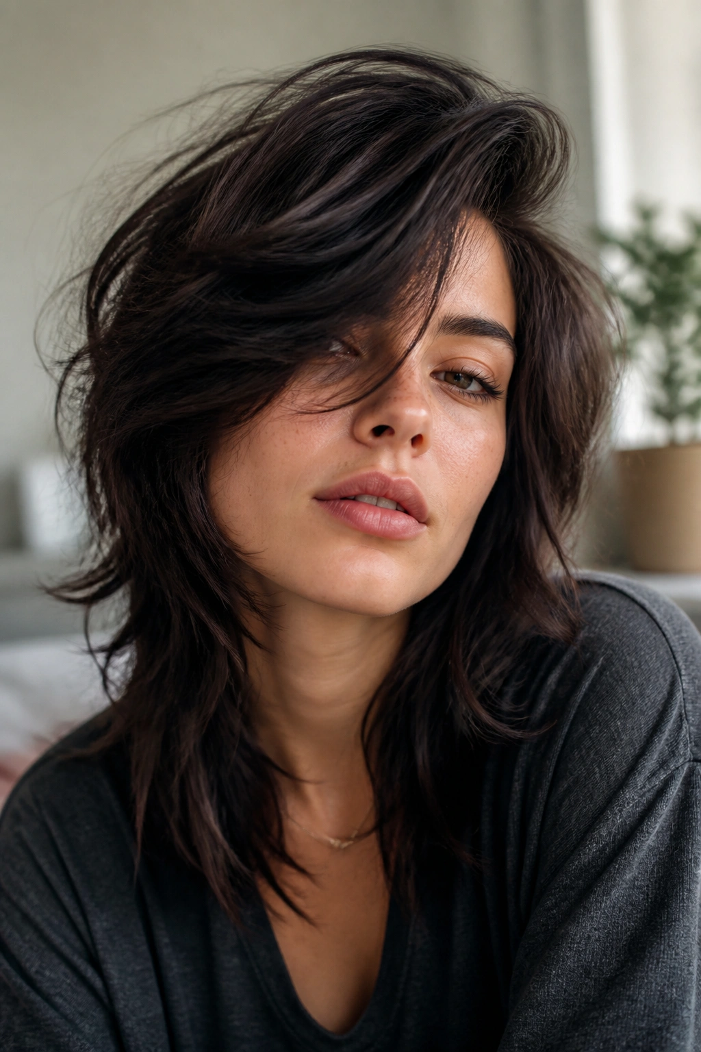 Close-up of a real woman with a deep side-part shag, lifted roots and layered framing