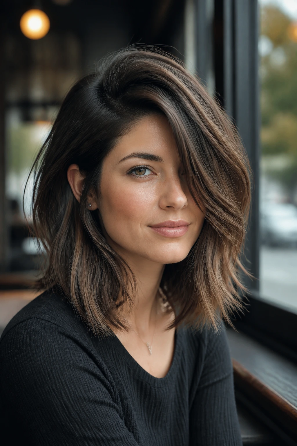 Close-up portrait of a real person with a deep side-part shag lob sweeping across the face
