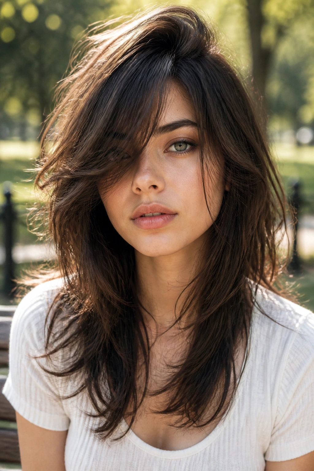 Close-up portrait of a real woman with deep side-part and long bangs