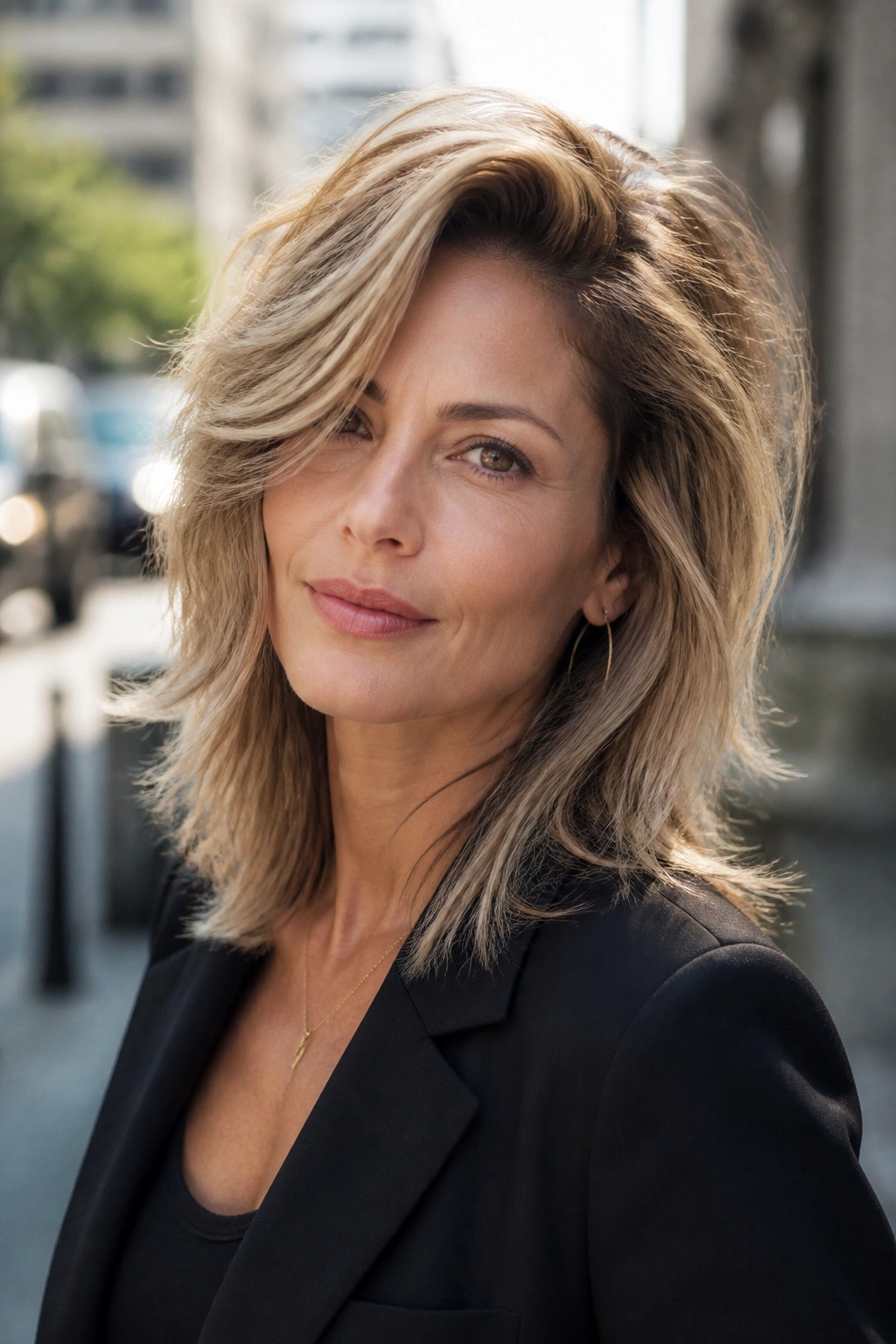 Close-up portrait of a real woman with a deep side-part shag showing crown lift and side-parted hair.