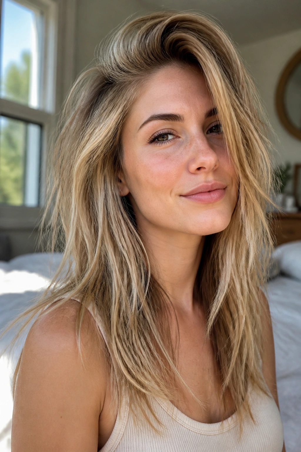 Close-up of a real woman with a deep side-part shag, roots lifted and long layers in natural window light