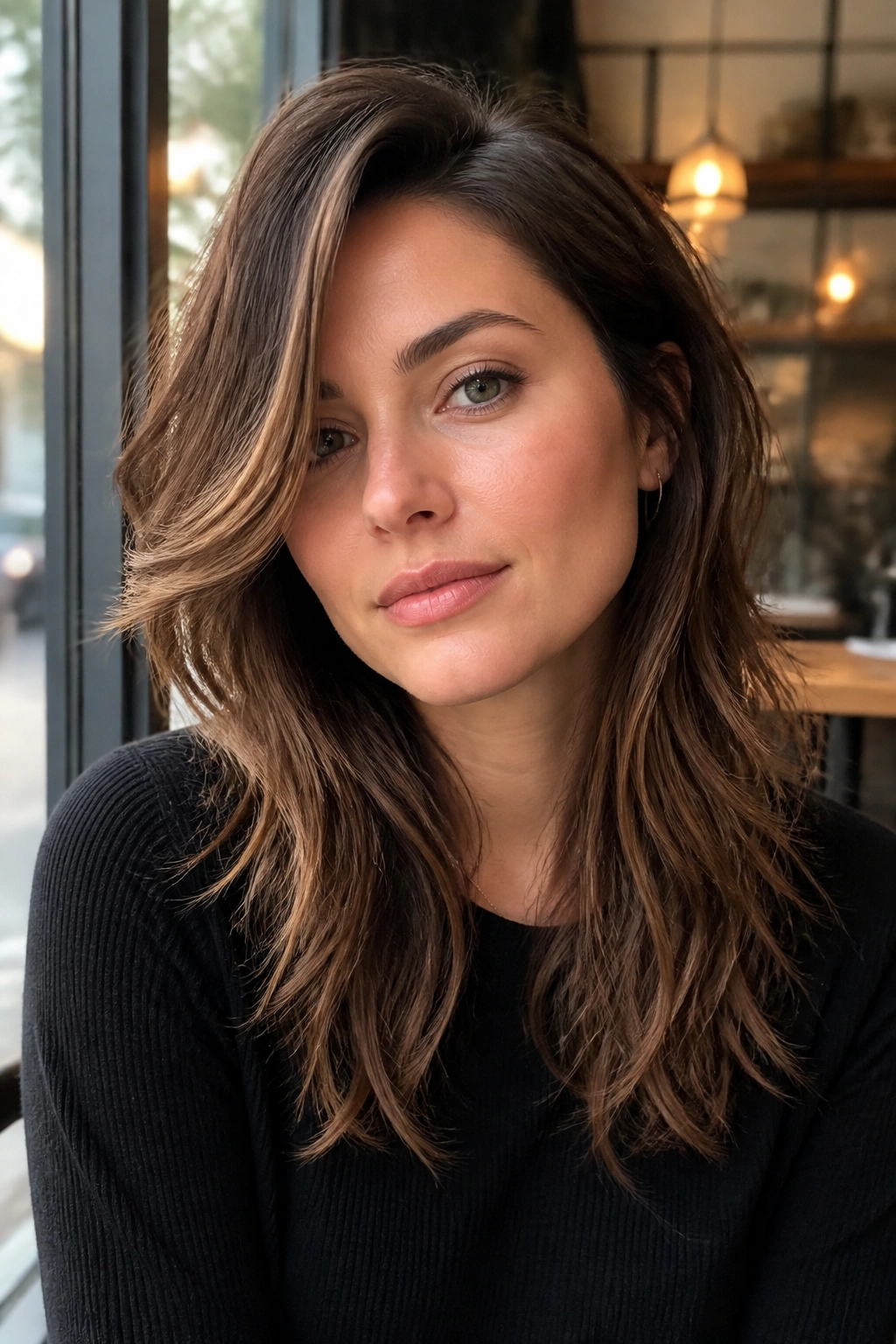 Close-up portrait of a real woman with deep side-part shag and long sweep