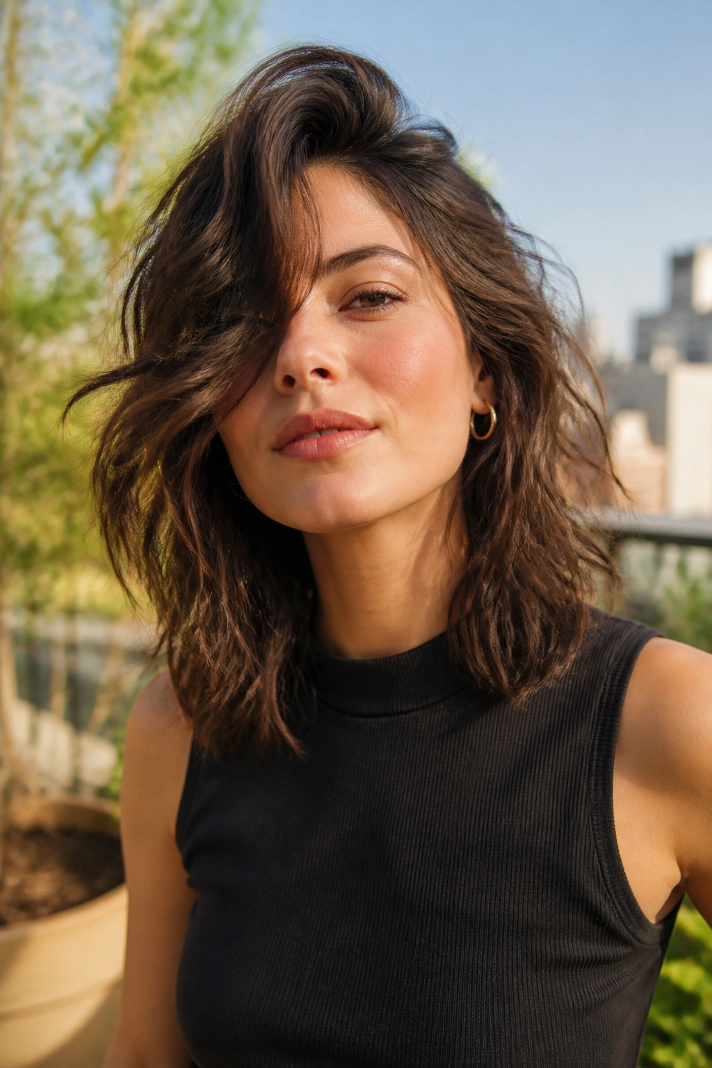Close-up of a real woman with deep side-part shag and cheekbone-skimming layers in natural light