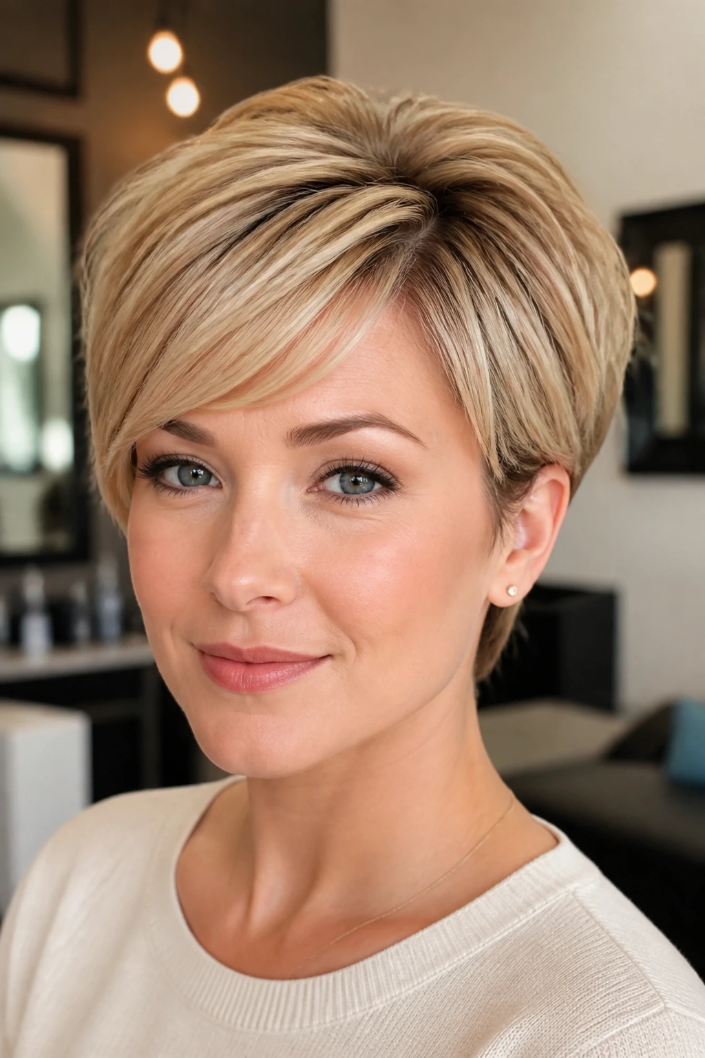Close-up portrait of a real woman with short bangs and a deep side part