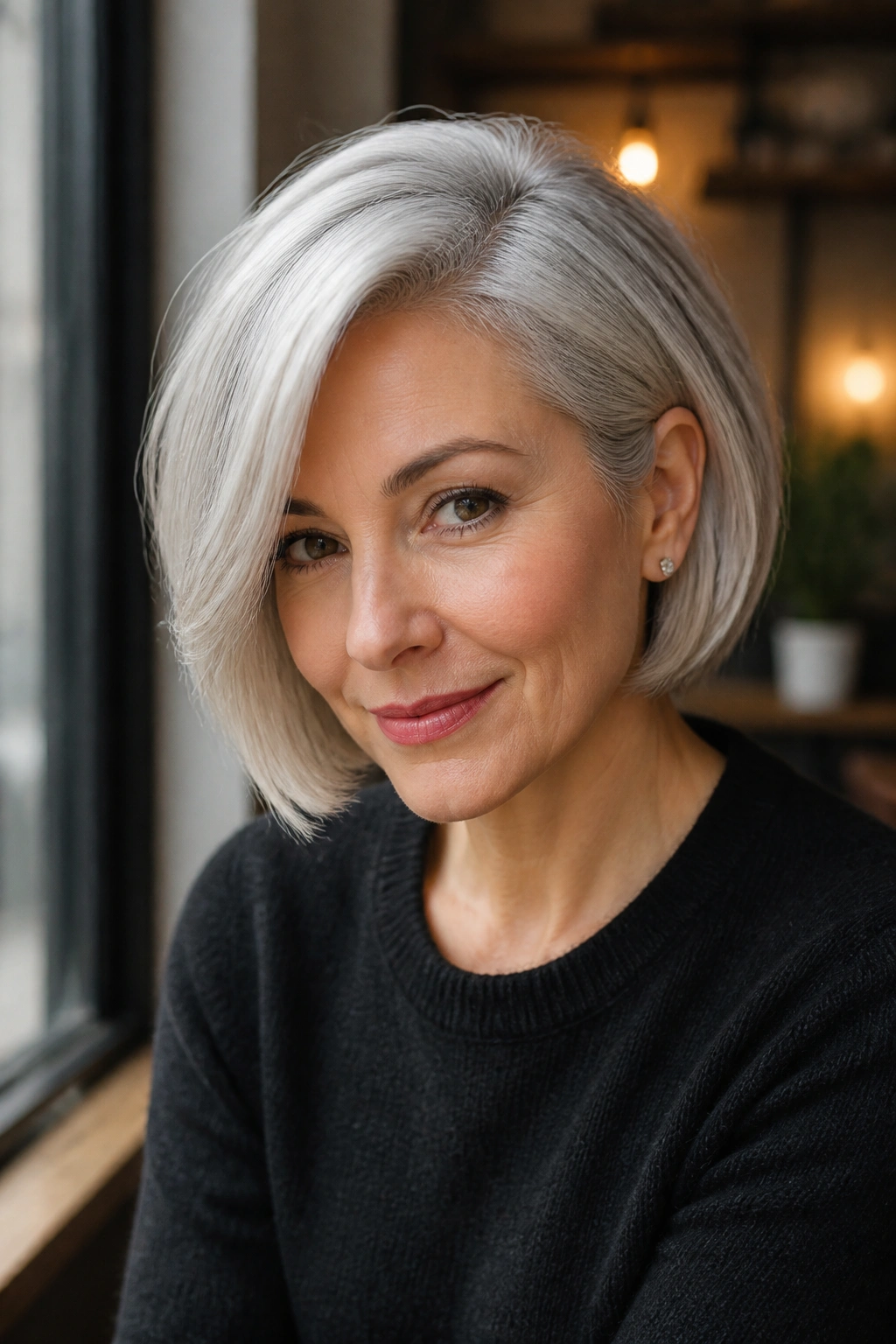 Close-up of a real person with a deep side-part silver bob and crown lift, lit by natural light