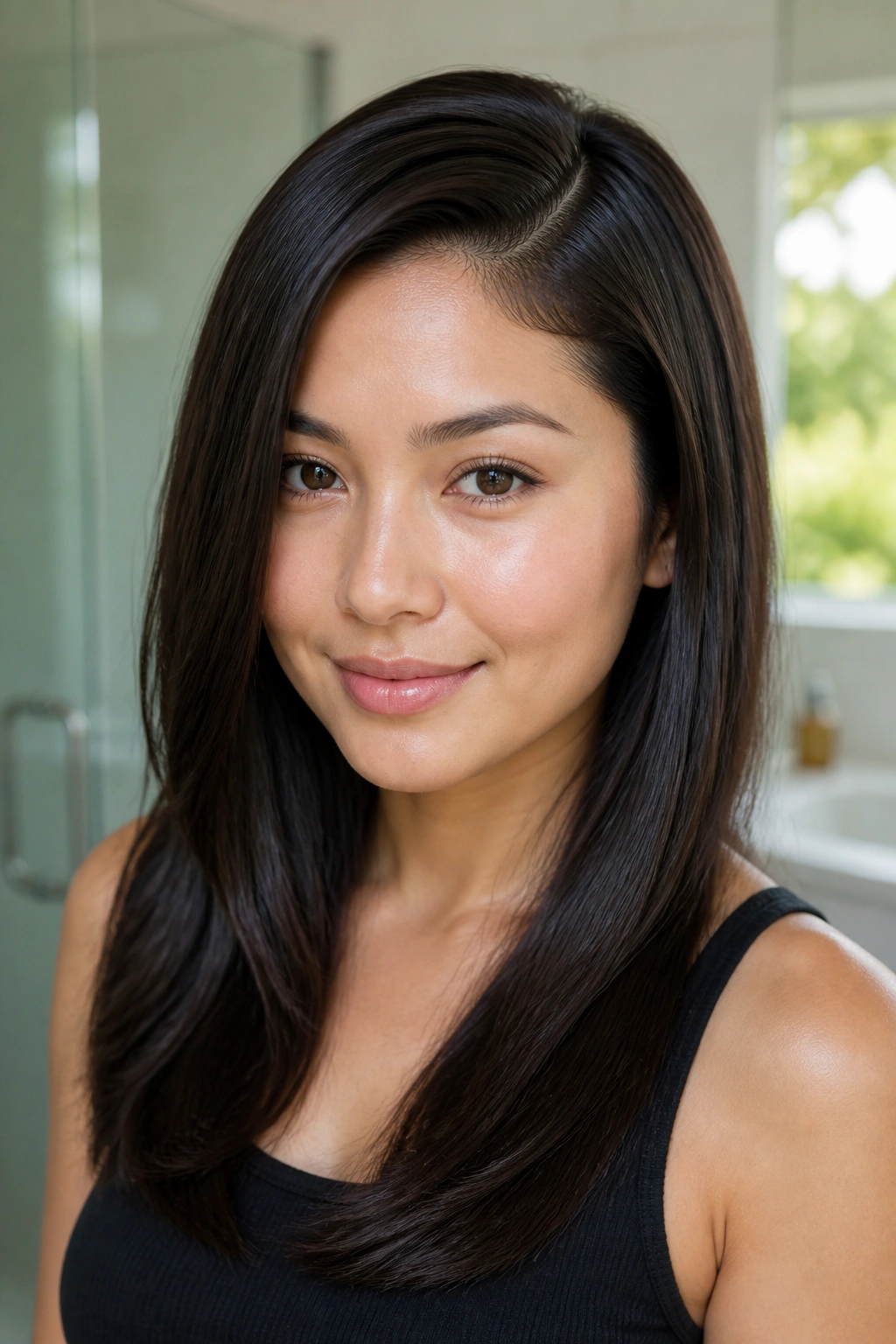 Close-up of a real woman with a deep side part and sleek glossy lengths in natural light