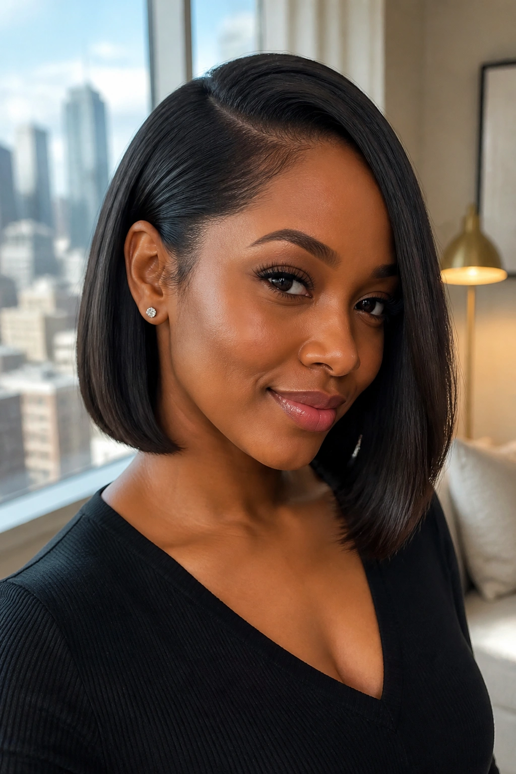 Real woman with deep side-part sleek bob