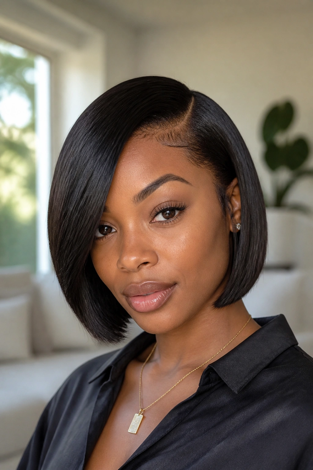 Portrait of a woman with a deep side-part sleek bob and glossy black hair.