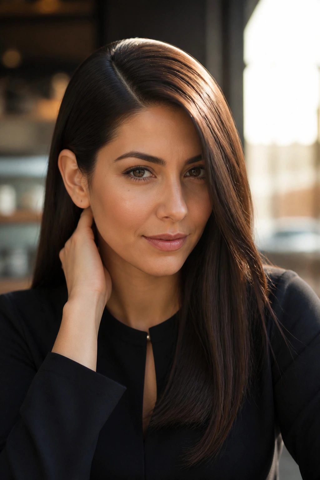 Medium close-up of a woman with a deep side part and sleek straight hair