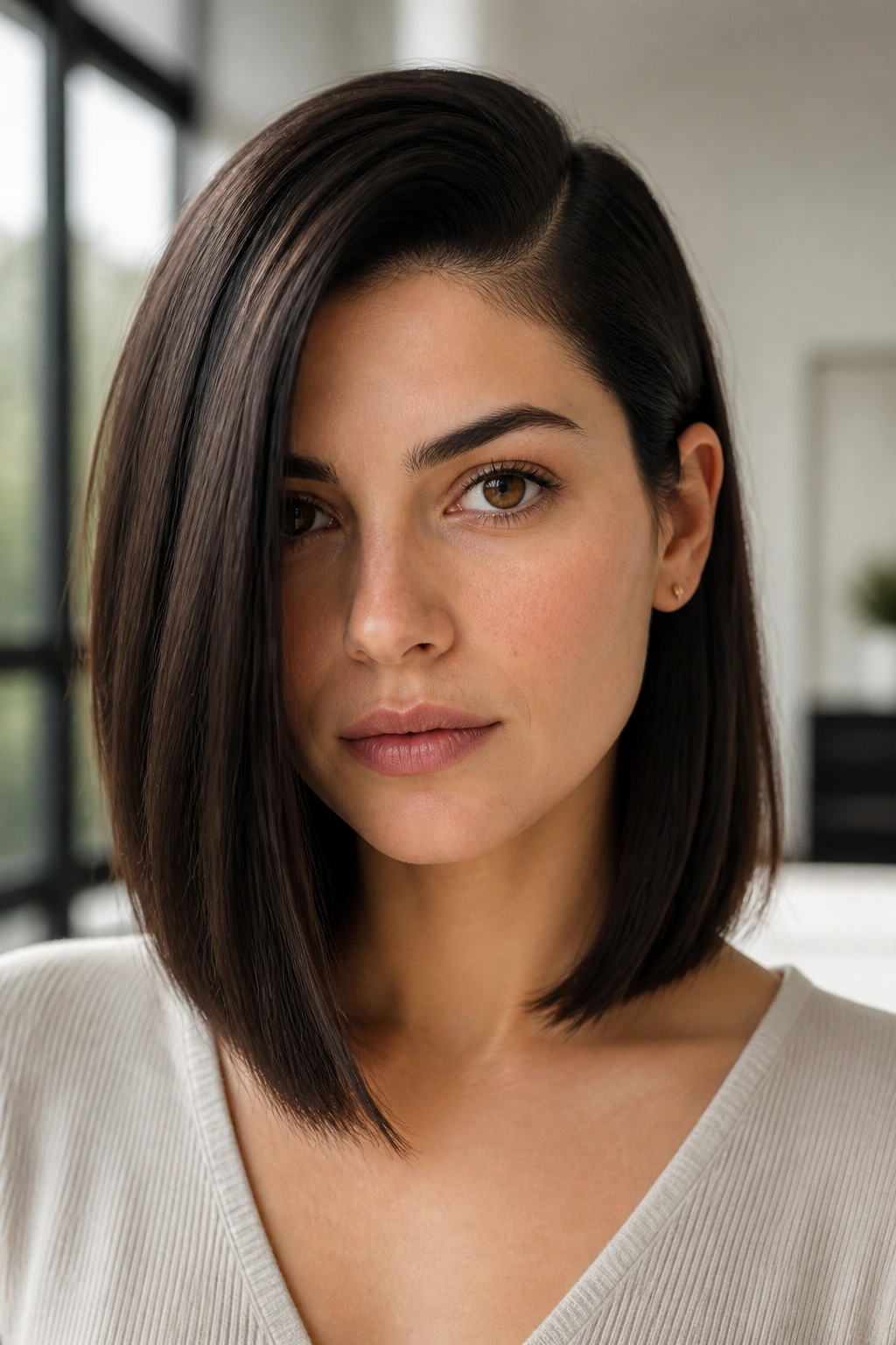 Close-up of a real woman with a deep side-part lob and sleek length.
