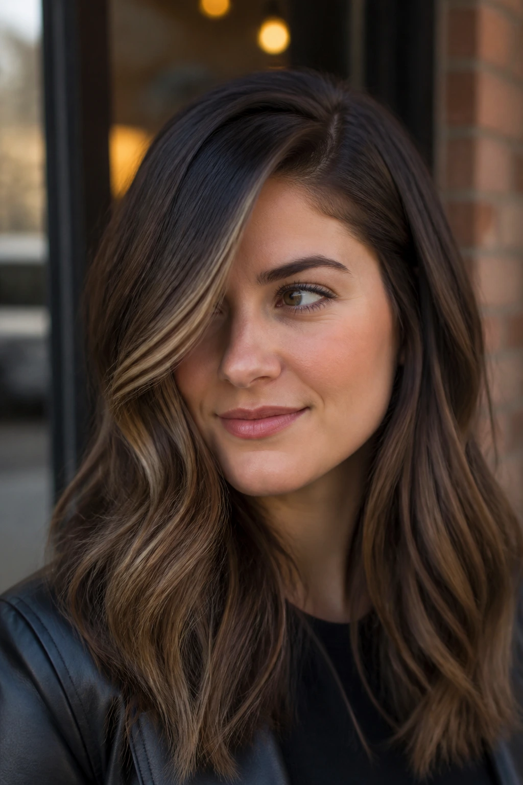 Portrait of a woman with a deep side part and sliced caramel panels