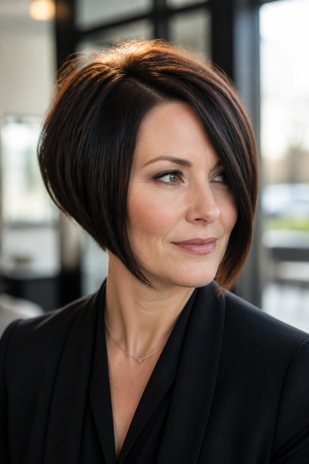 Portrait of a real woman with a deep side part and sleek sides in an office light