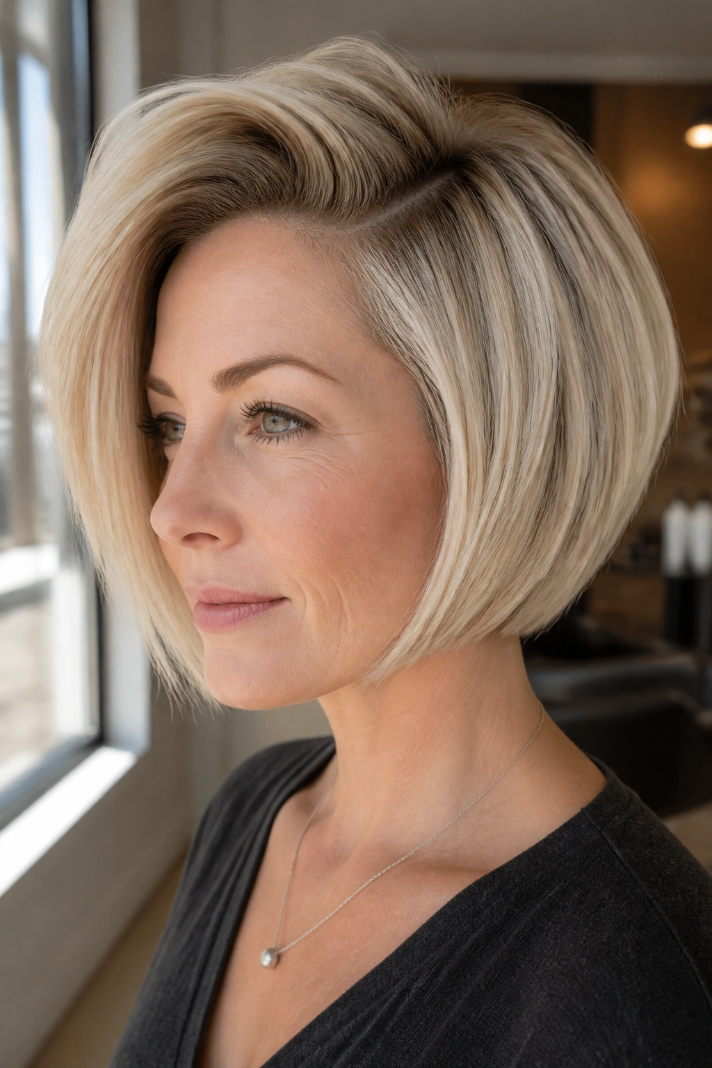 Close-up portrait of a real person with a deep side-part stacked bob in beige blonde