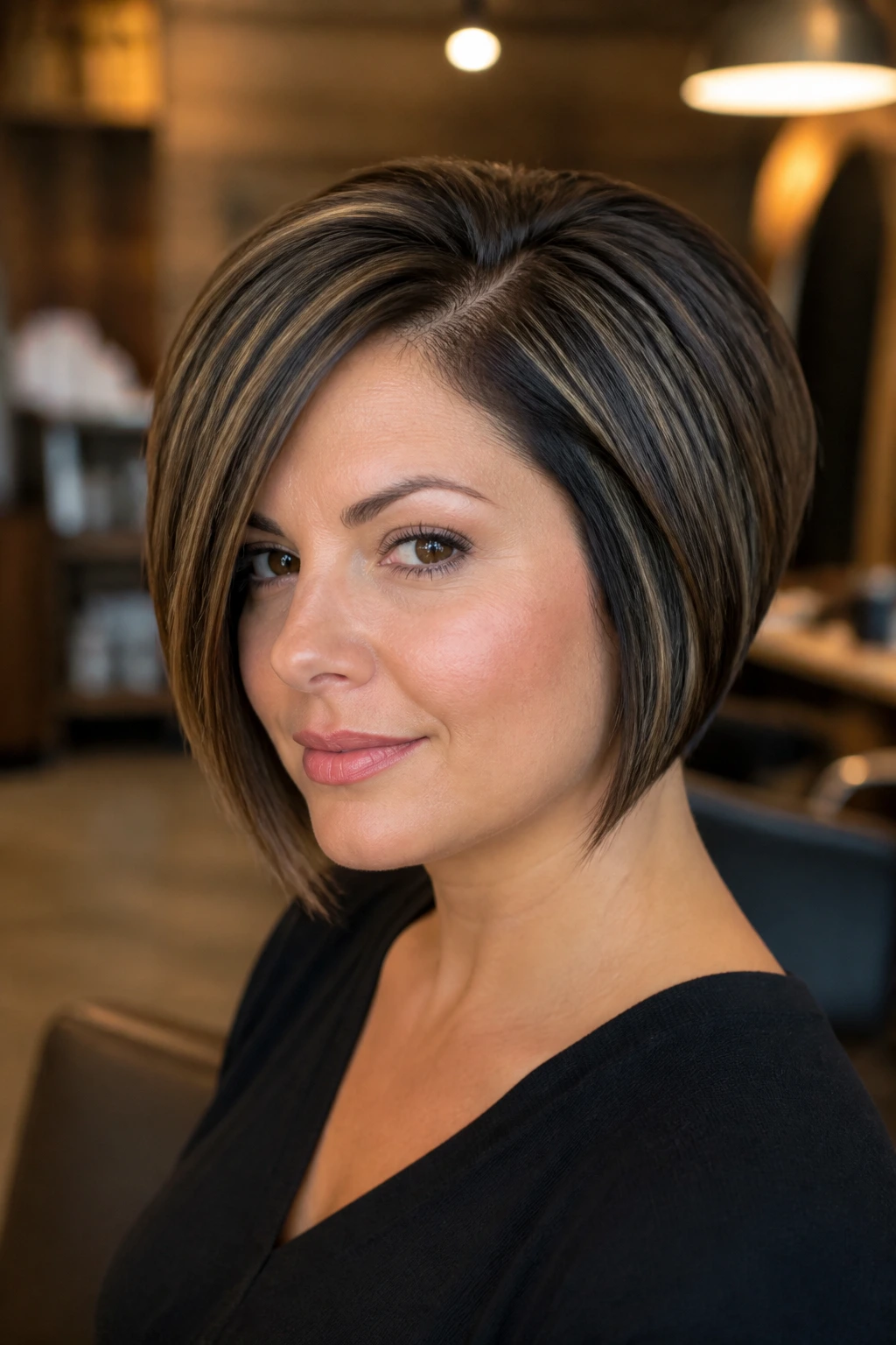 Close-up of a real woman wearing a deep side-part stacked bob for round faces in a salon.