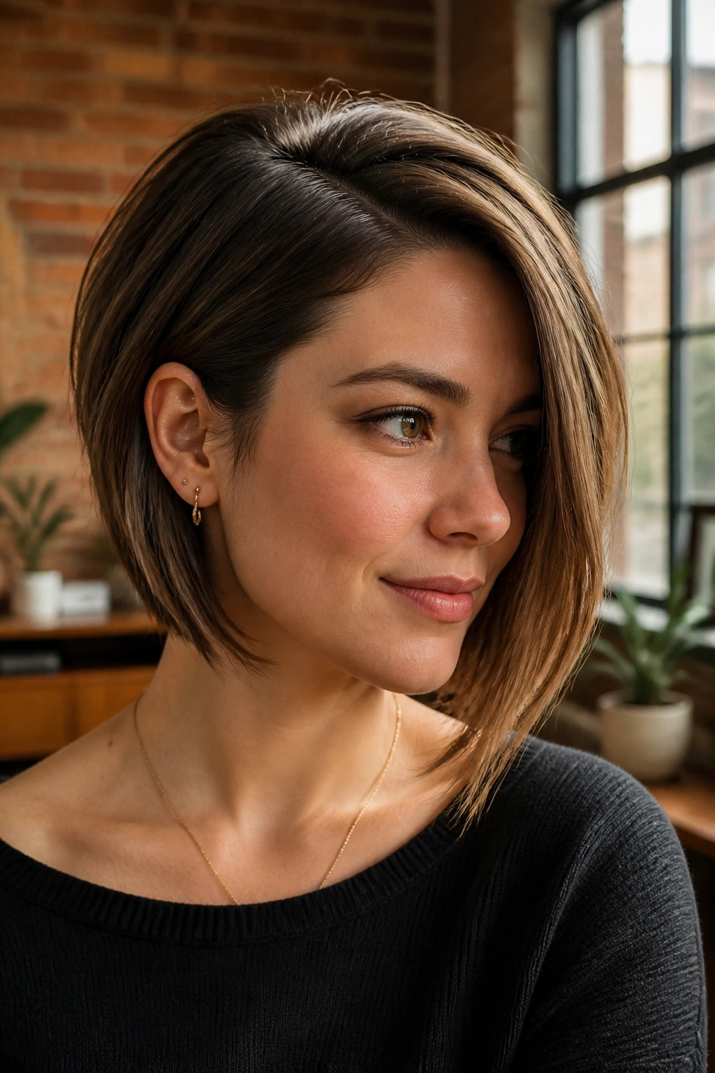 Real woman with deep side-part stacked cut in warm loft lighting