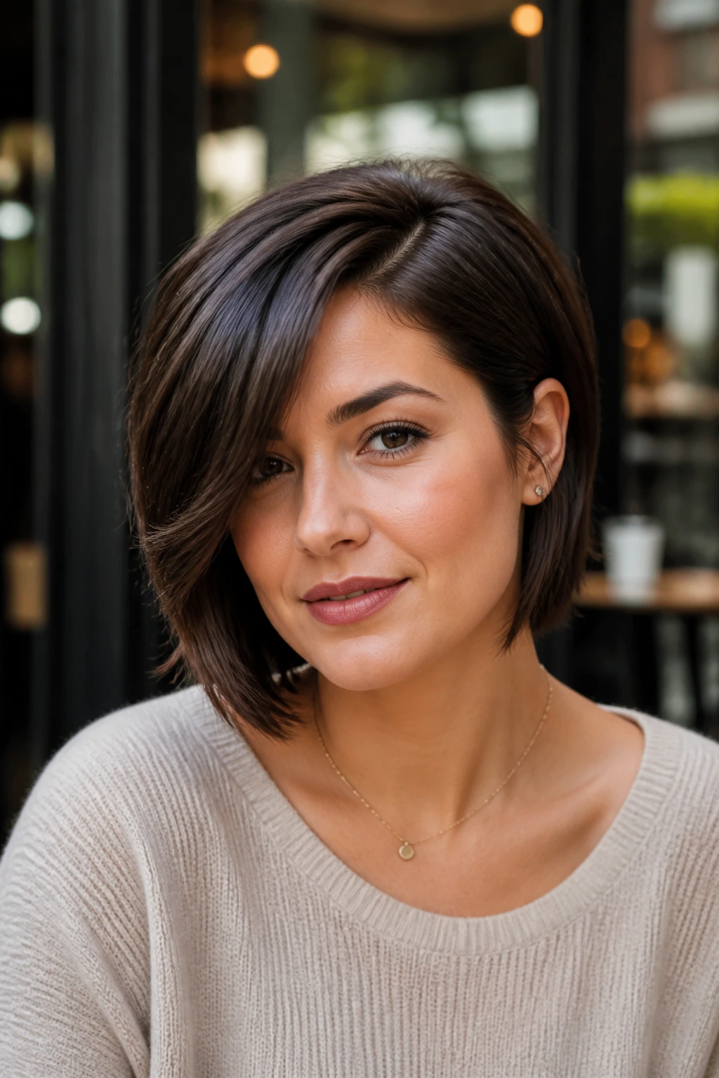 Close-up portrait of a real woman with a deep side part and stacked haircut