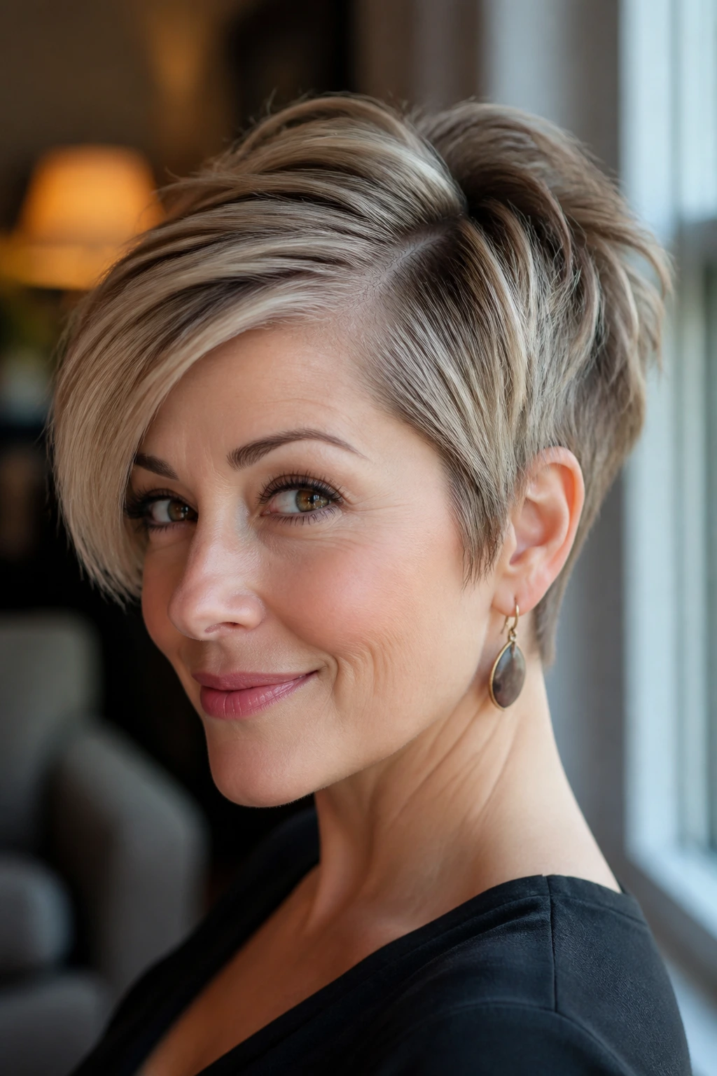 Portrait of a real woman with a deep side-parted stacked pixie in warm window light