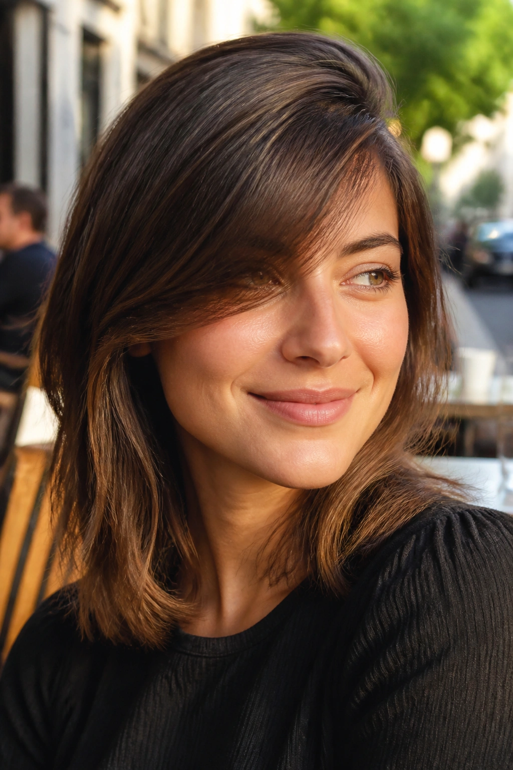 Close-up of a woman with deep side-part sweeping bangs at a cafe