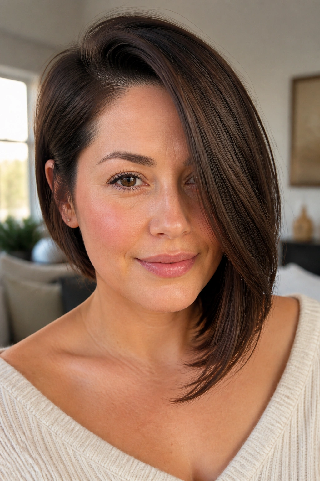 Close-up of a woman with a deep side part and long swoop fringe