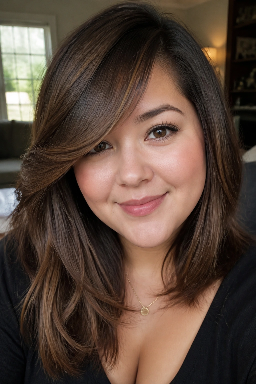 Close-up of a real woman with a deep side-part swoop bangs sweeping across the forehead